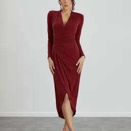 Greenishpink Women V-Neck Wrap Midi Dress-picture-16