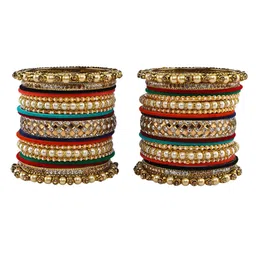 Amika Set of 34 Gold-Plated Pearl, Stone-Studded & Beaded Bangles-picture-11