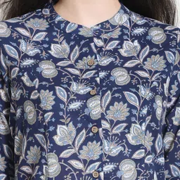 KARPATA Floral Print Mandarin Collar Roll-Up Sleeves Organic Cotton Top image 4