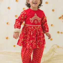 Tiber Taber Girls Ethnic Motifs Embroidered Angrakha Pure Cotton Kurta with Salwar-image-63