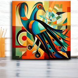 OLIVE TREE Orange Colored & Green Peacock Canvas Painting Wall Art-picture-42