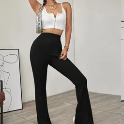 Fragancia Women Ribbed High-Rise Bootcut Flared Trousers image 3