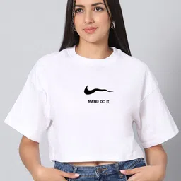 Besick Typography Printed Round Neck Drop-Shoulder Sleeves Cotton Oversized Crop T-shirt-picture-26