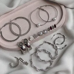 DressBerry Set Of 9 Silver Plated Pearls Beaded Circular Shaped Hoop Earrings image 2