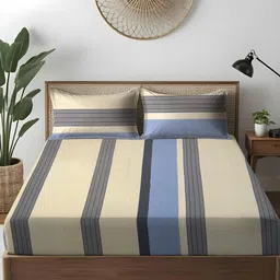 WEAVE AND DECOR Blue Striped Pure Cotton 300TC Double Queen Fitted BedsheetSet 2.28mx2.28m-image-55