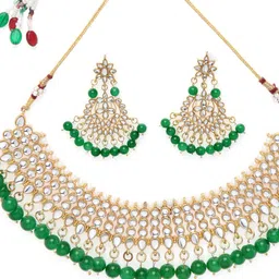 Shining Diva Gold-Plated Green & White Kundan-Studded Choker Jewellery Set image 4