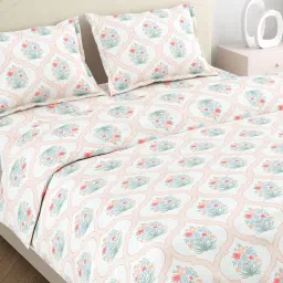 Haus & Kinder White & Orange Cotton 186 TC Double Size Flat Bedsheet with 2 Pillow Covers image 5