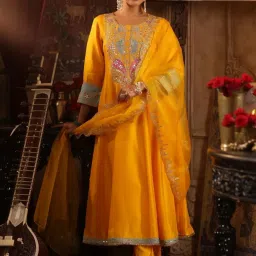 SCAKHI Yellow QALA Dupion Silk Dori-Gota Work Anarkali with Pant and Dupatta image 5