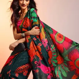 navyasa by liva Dark Green Printed Saree With Unstitched Blouse image 5