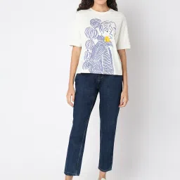Vero Moda Off White & Blue Cotton Printed T-Shirt image 5