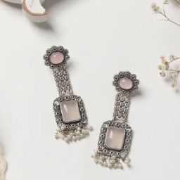 Teejh Ethnic Rakul Silver Oxidized Pink Stone Dangler Earrings-picture-39