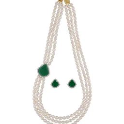 Sri Jagdamba Pearls Badari 3 Line Green & White Pearl CZ Necklace Set-picture-30