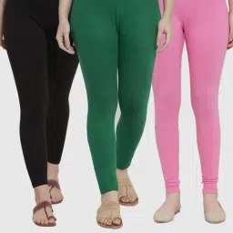 Gracit Black & Pink Mid Rise Leggings - Pack Of 3-image-76