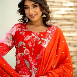 Kaftanize All Over Golden Thread Embroidery With Mirror Work Red & Pink Floral Kurta image 5