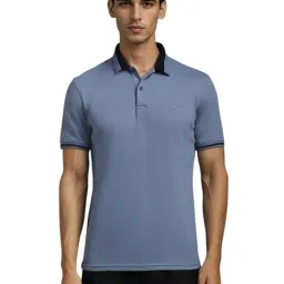 Louis Philippe Blue Cotton Polyblend Slim fit Solid Polo T-Shirt-image-6