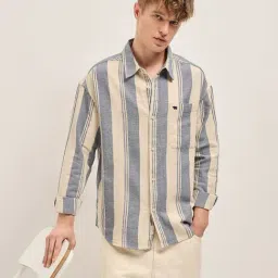 The Bear House Blue Cotton Relaxed Stripes Casual Shirt-image-11