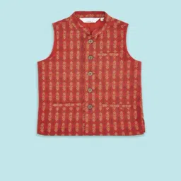 Pantaloons Baby Kids Rust Cotton Printed Waistcoat-image-4