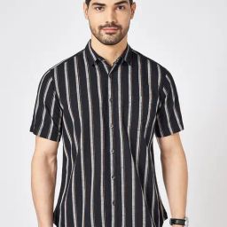 Byford By Pantaloons Black Cotton Regular Fit Striped Shirt-picture-9
