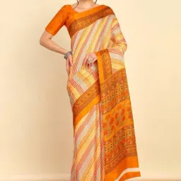 Soch Womens Mustard Striped Print Art Silk Saree-image-5