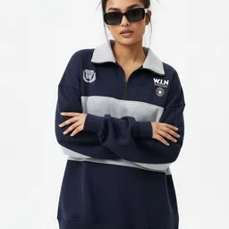 The Roadster Lifestyle Co. Women Colourblocked Shirt Collar Oversized Sweatshirt-picture-11