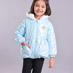 Babyhug Full Sleeves Polyester Hooded Jacket With Shimmer- Blue-picture-14