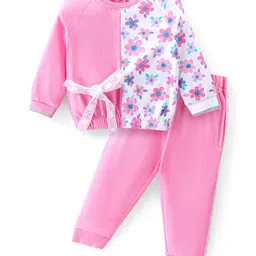 Babyhug 100% Cotton Full Sleeves Top & Lounge Pants With Floral Print - Pink & White-image-62