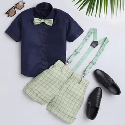 Jeet Ethnics Half Sleeves Solid Shirt With Grid Checked Shorts Bow & Suspender Set - Green-picture-10