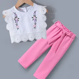 Kookie Kids Sleeveless Top & Leggings Set with Floral Embroidery - White & Pink-picture-10