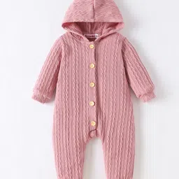 Kookie Kids Full Sleeves Hooded Romper with Cable Knit Design Solid Colour - Pink-picture-24