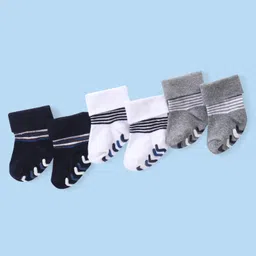 Cute Walk by Babyhug Anti Skid Ankle Length Antibacterial Knitted Striped Socks Pack Of 3 - Blue  White & Grey-picture-24