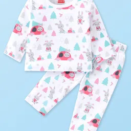Babyhug Cotton Knit Full Sleeves Night Suit with Bunny Print - White-picture-26