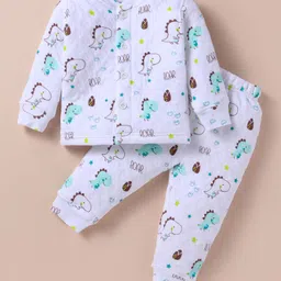 Doreme Terry Knit Full Sleeves Winter Wear Night Suit with Dino Print - White-picture-21