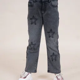 Kiddopanti Full Length Frayed Star Patch Washed Denim Jeans With Elasticated Waistband - Black-image-80