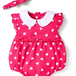 Babyhug 100% Cotton Knit Frill Sleeves Onesie With Heart Print & Headband - Dark Pink-picture-31