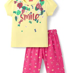 Babyhug Cotton Knit Half Sleeves Capri Night Suit with Butterfly & Smile Text Print - Yellow & Dark Pink-picture-18