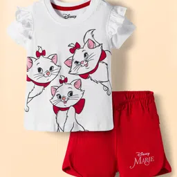 Babyhug Disney Single Jersey Knit Half Frill Sleeves T-Shirt with Shorts Set and Marie Graphic - Red & White-picture-29