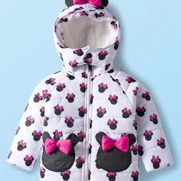 Babyhug Disney Woven Full Sleeves Hooded Winter Jacket With Minnie Mouse Print & Ear Bow Applique - White-picture-35