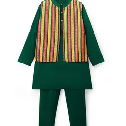 Pine Kids Woven Full Sleeves Kurta Pyjama Set With Embroidered Nehru Jacket - Green-picture-17