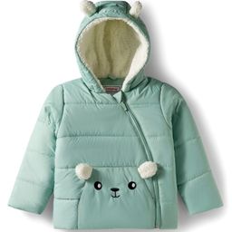 Babyhug Woven Full Sleeves Hooded Padded Jacket With Animal Applique - Mint Green-picture-39