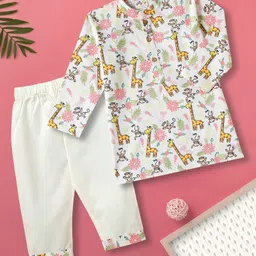 Desi Soota Cotton Woven Full Sleeves Giraffe Printed Kurta & Pyjama Set - White-picture-11