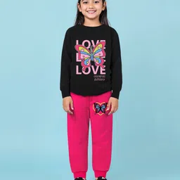 Trampoline Cotton Blend Knit Full Sleeves Love Text & Butterfly Printed Tee & Joggers Set - Black & Pink-picture-39