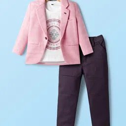 Dapper Dudes Full Sleeves Solid Blazer With Tee & Pant Set - Pink-picture-25