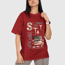 Reifica Women Bio Finish Typography Printed Round Neck Pure Cotton Oversized T-shirt-image-24