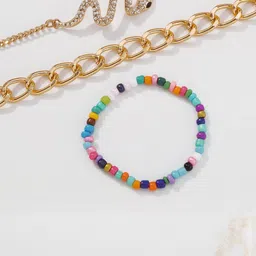 Arzonai Women Set Of 3 Gold-Plated Artificial Stones and Beads Stainless Steel Bracelet image 2