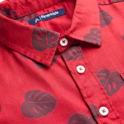 Pine Kids Cotton Woven Full Sleeves Shirt With Leaves Print - Red image 4