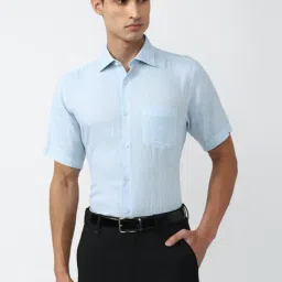 Van Heusen Blue Linen Regular Fit Texture Shirt-image-97