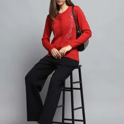 Monte Carlo Women's Red Self Design Round Neck Full Sleeve Cardigan image 5