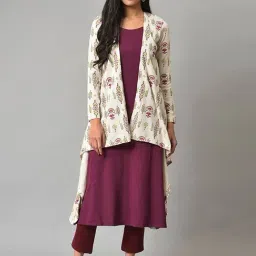 W White & Plum Floral Print Straight Kurta With Shrug-picture-44