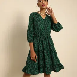 DODO & MOA Green Printed Fit & Flare Dress-picture-48