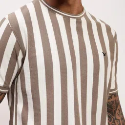 showoffff Showoff Olive & White Cotton Slim Fit Striped T-Shirt image 5